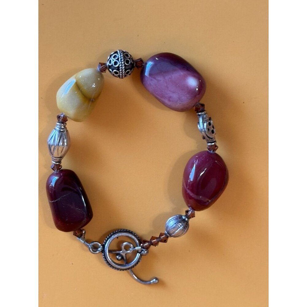 Artisan Gemstone Mookite Jasper Orca Agate Canelian Stone Silverplate Bracelet - Picture 2 of 5